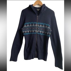 EDDIE BAUER - Navy Blue Wool Blend Fair Isle Nordic Full Zip Knit Hoodie Women M